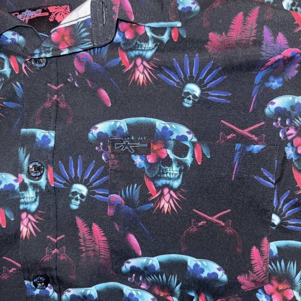Retro Rifle Shirt Mens L Blackbeard Skull Floral Performance Button Down - Picture 4 of 5